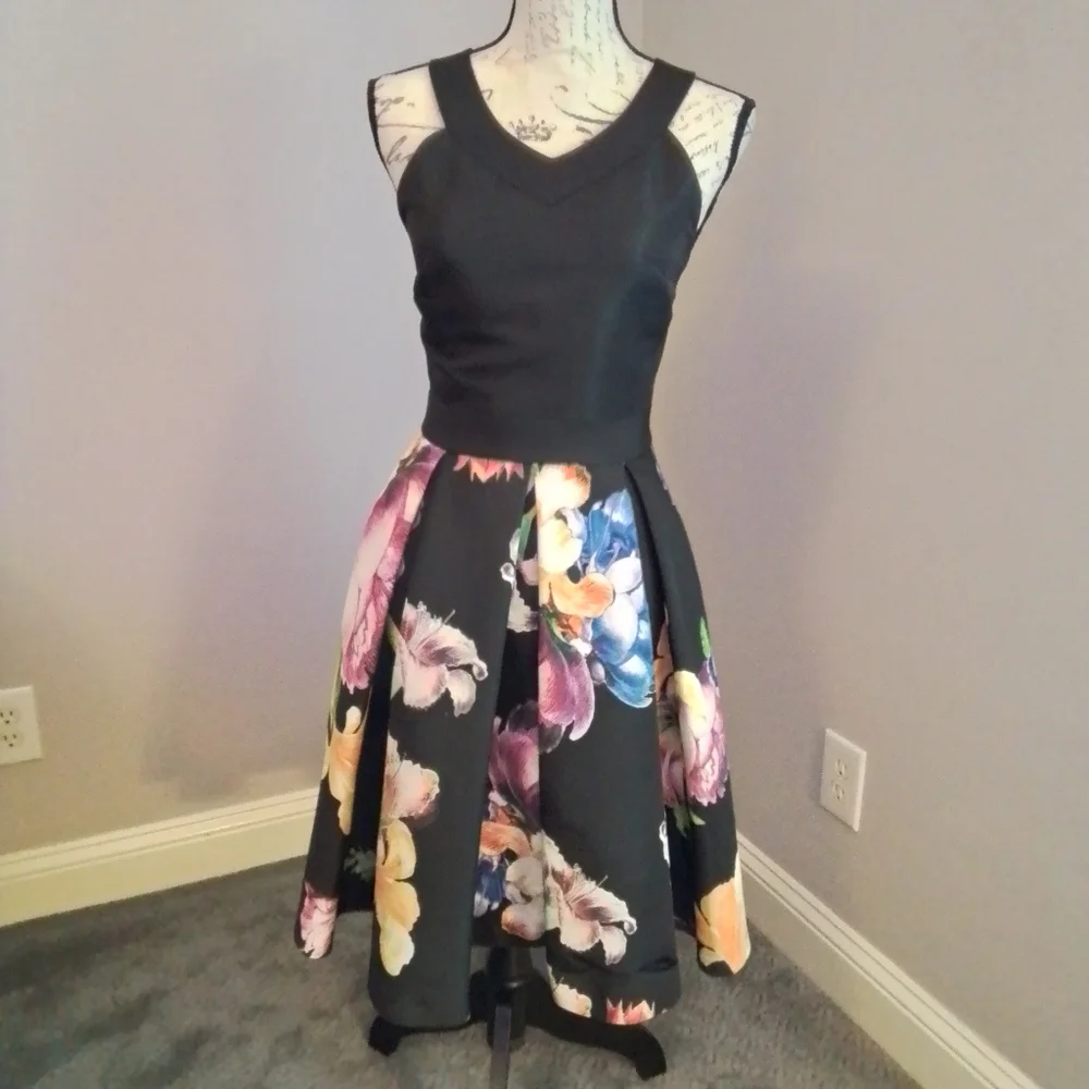 Ted Baker London Black Floral Illusia Pleated Dress - Ted 1/US 4